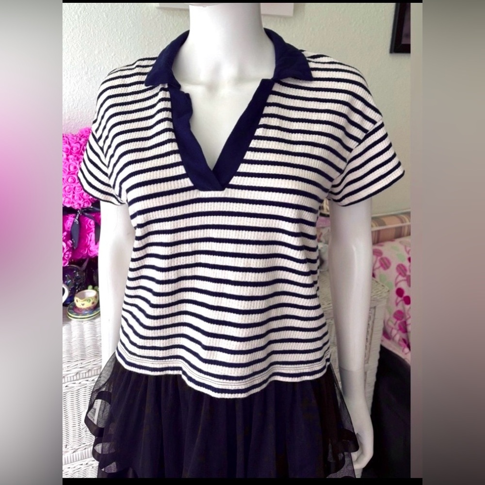 Madewell Striped Top Short Cropped Stretchy Knit Black & Cream Oversized Size XS